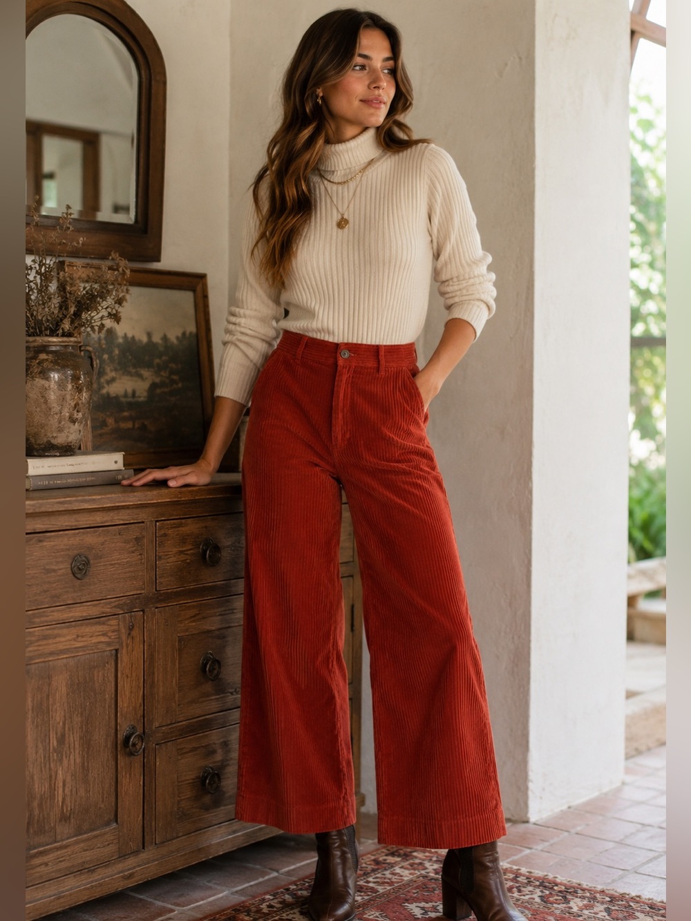 Zara Woman Burnt Orange Rust Red Wide Leg Corduroy Pants High Rise Cropped XS